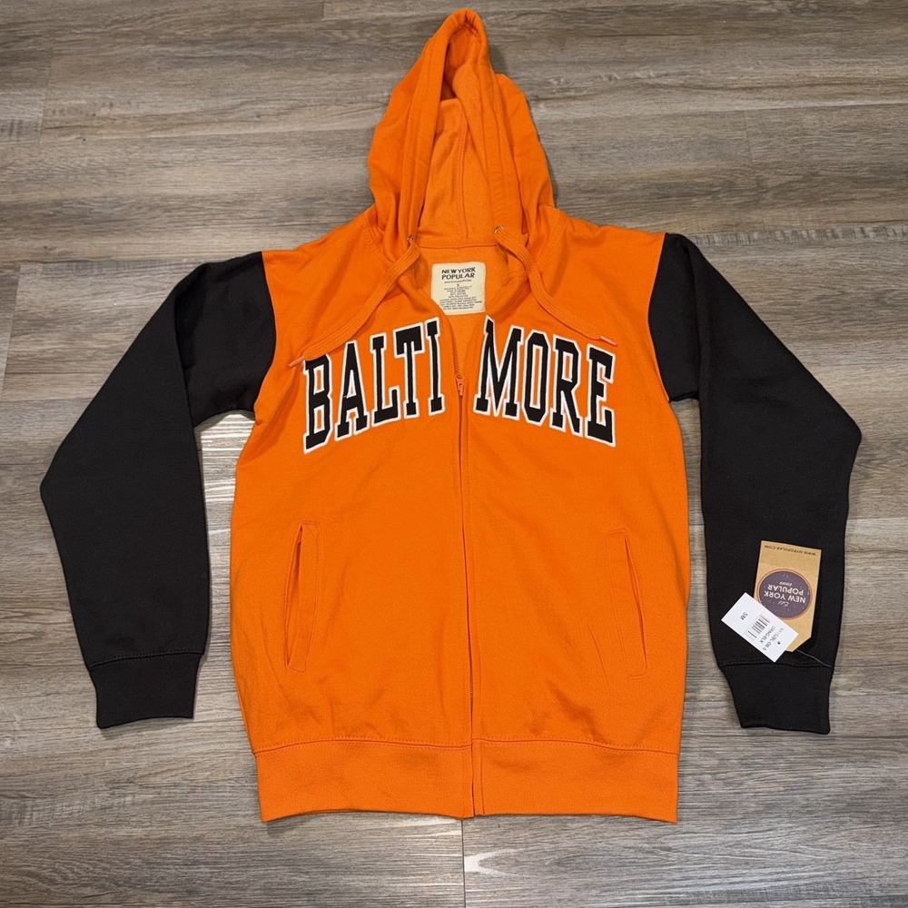 New York Popular Zip-Up Hoodie Mens Small Orange Black BALTIMORE Spell Out